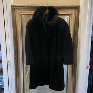 Black wool cashmere womens coat w fox fur detail